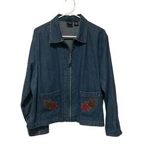 ERIKA Womens Jean Jacket Zip Front‎ Large Embroidered Fall Leaves Autumn Grandma